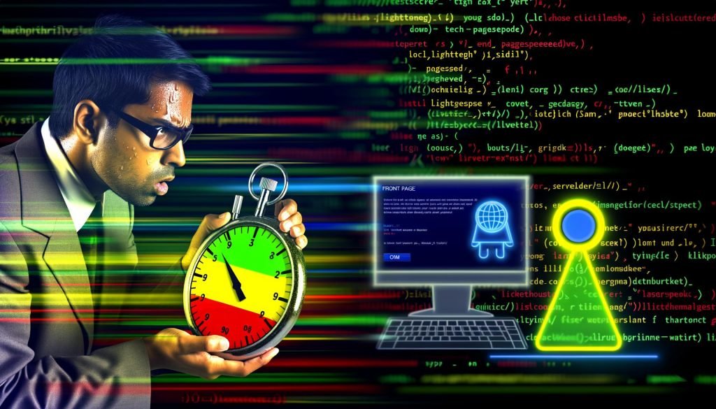 Dynamische Titelseite mit erschöpftem Webmaster vor Stoppuhr, bunten Performance Scores auf Bildschirmen und einem kritisch blickenden Google-Roboter, mit technischen Symbolen im Hintergrund.