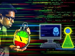 Dynamische Titelseite mit erschöpftem Webmaster vor Stoppuhr, bunten Performance Scores auf Bildschirmen und einem kritisch blickenden Google-Roboter, mit technischen Symbolen im Hintergrund.