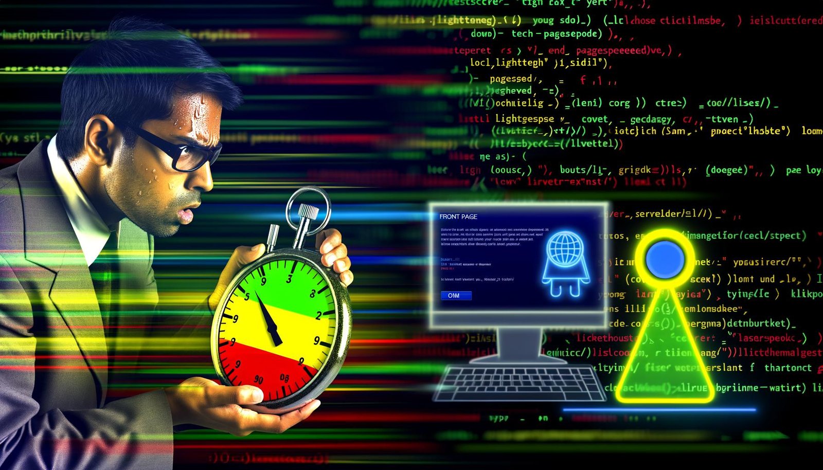 Dynamische Titelseite mit erschöpftem Webmaster vor Stoppuhr, bunten Performance Scores auf Bildschirmen und einem kritisch blickenden Google-Roboter, mit technischen Symbolen im Hintergrund.