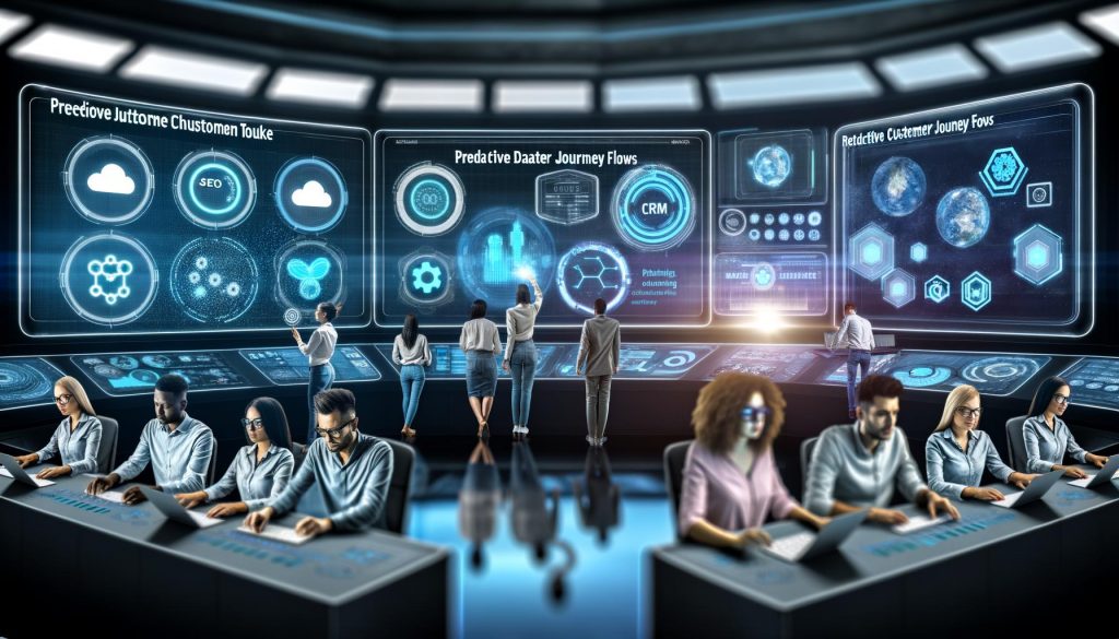 Futuristisches Marketing-Kommandozentrum mit Team, interaktiven holografischen Dashboards, Datenvisualisierungen und Technologie-Icons