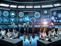 Futuristisches Marketing-Kommandozentrum mit Team, interaktiven holografischen Dashboards, Datenvisualisierungen und Technologie-Icons