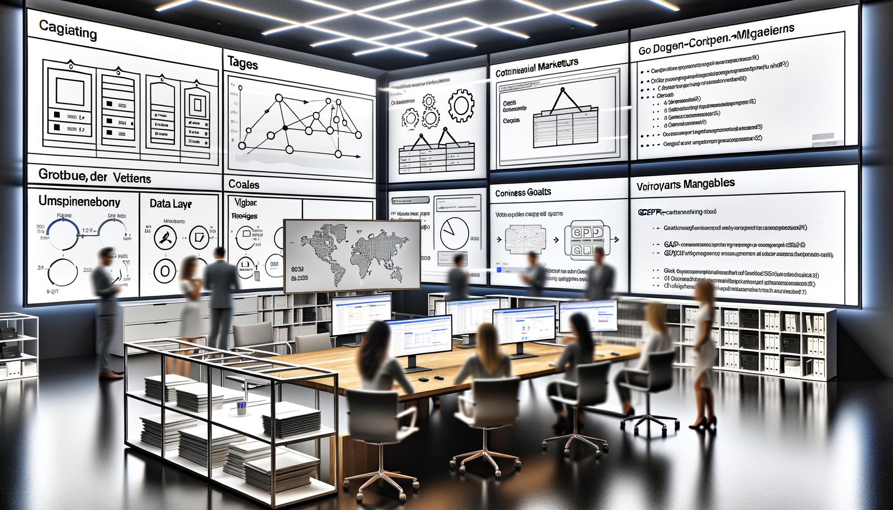 Marketing-Team arbeitet im modernen Büro an Google Tag Manager Tags, Triggern und Variablen, mit DSGVO-Consent-Management und Whiteboards für die Strategieplanung.