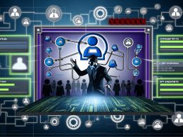 Moderne Illustration: Geschäftsperson interagiert mit gigantischem LinkedIn-Touchscreen, API-Icons, OAuth2-Sicherheitssymbolen, Warnungen zu Rate-Limits und einer Netzwerkkarte, während im Hintergrund grüne API-Leitungen und rote Grauzonen-Tools sowie Schattenfiguren zu sehen sind.