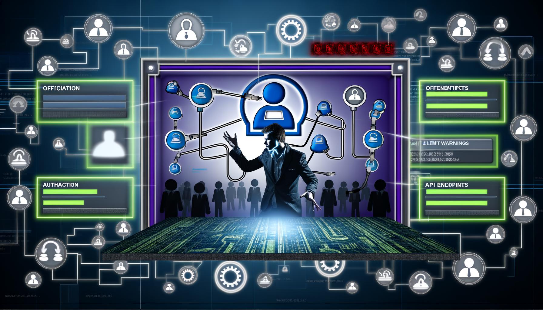 Moderne Illustration: Geschäftsperson interagiert mit gigantischem LinkedIn-Touchscreen, API-Icons, OAuth2-Sicherheitssymbolen, Warnungen zu Rate-Limits und einer Netzwerkkarte, während im Hintergrund grüne API-Leitungen und rote Grauzonen-Tools sowie Schattenfiguren zu sehen sind.