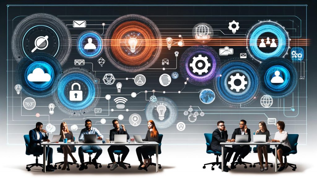 Dynamische, moderne Collage von Marketing- und IT-Teams an einem digitalen Tisch, umgeben von Datenströmen, Codezeilen, Microservice-Icons, Zahnrädern und Netzwerk-Symbolen mit leuchtendem Workflow.