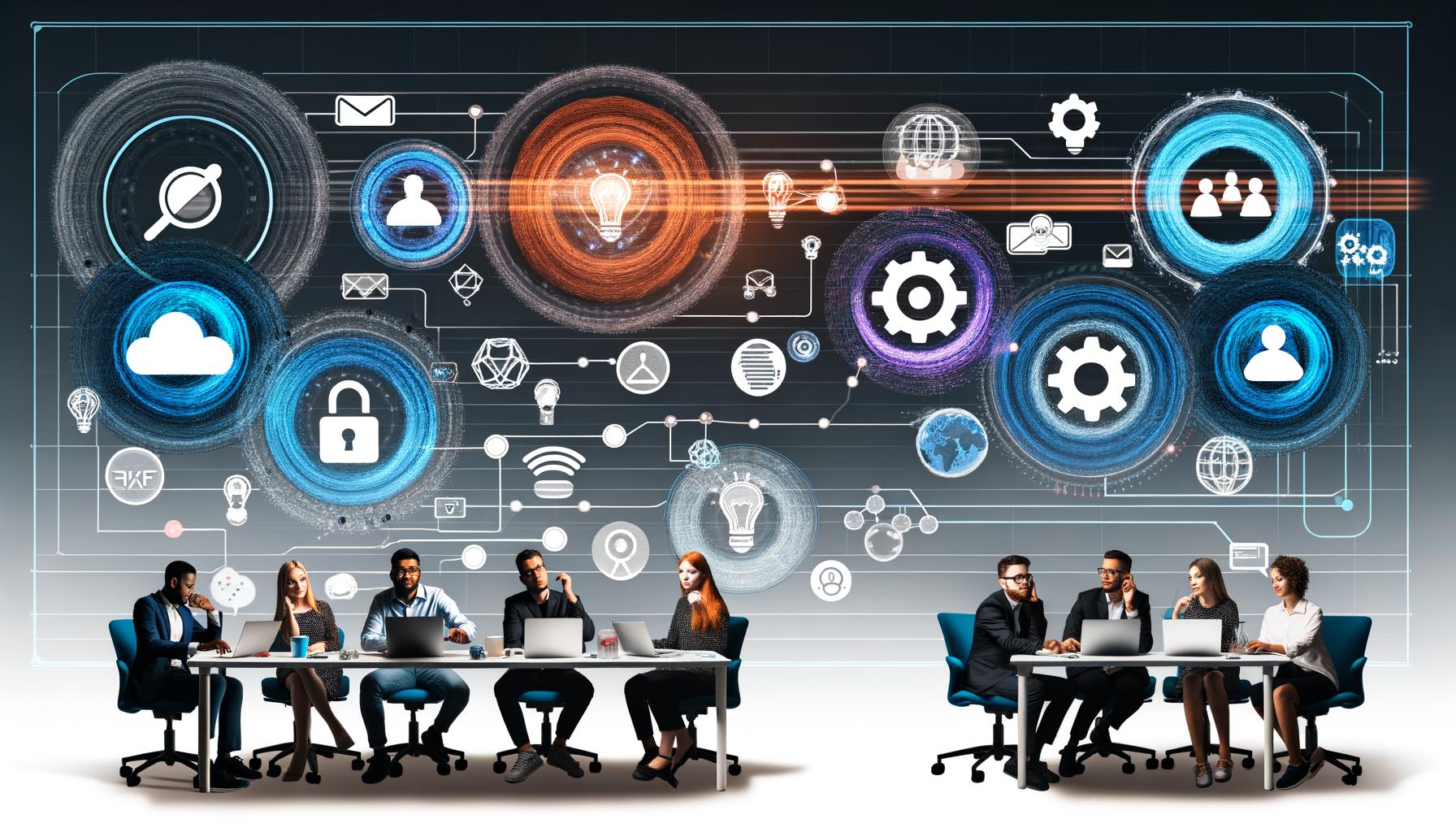 Dynamische, moderne Collage von Marketing- und IT-Teams an einem digitalen Tisch, umgeben von Datenströmen, Codezeilen, Microservice-Icons, Zahnrädern und Netzwerk-Symbolen mit leuchtendem Workflow.