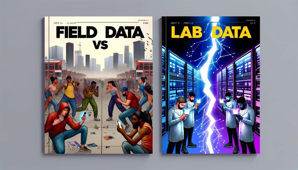 Illustrierte Titelseite zeigt Kontrast zwischen chaotischer Straßenszene mit Menschen und steriler Laborumgebung mit Datenbildschirmen, getrennt durch einen leuchtenden Blitz.