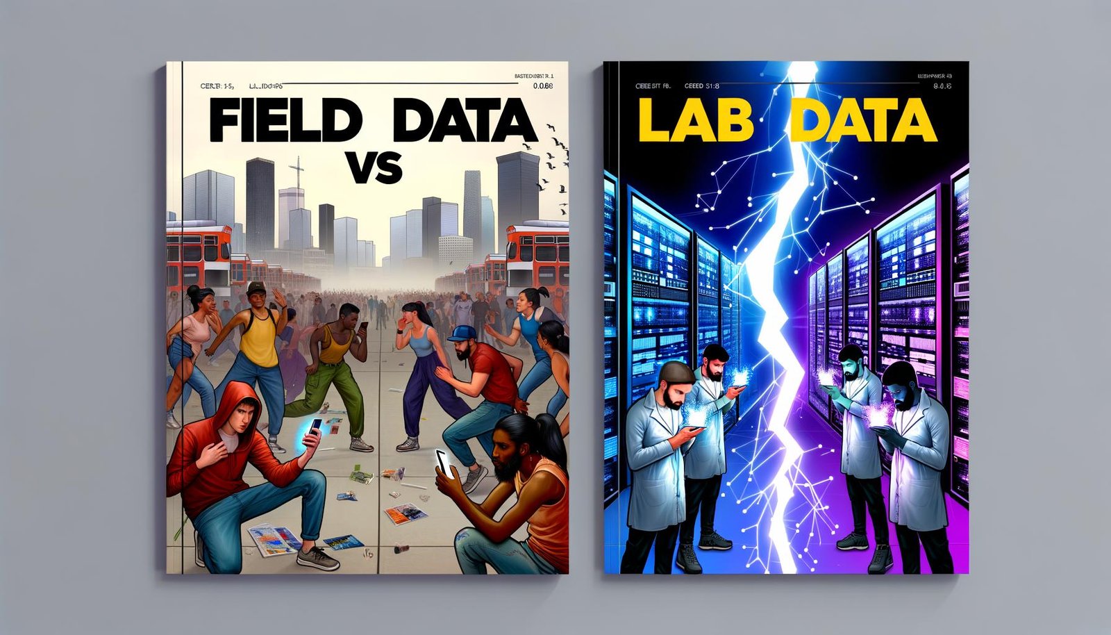 Illustrierte Titelseite zeigt Kontrast zwischen chaotischer Straßenszene mit Menschen und steriler Laborumgebung mit Datenbildschirmen, getrennt durch einen leuchtenden Blitz.
