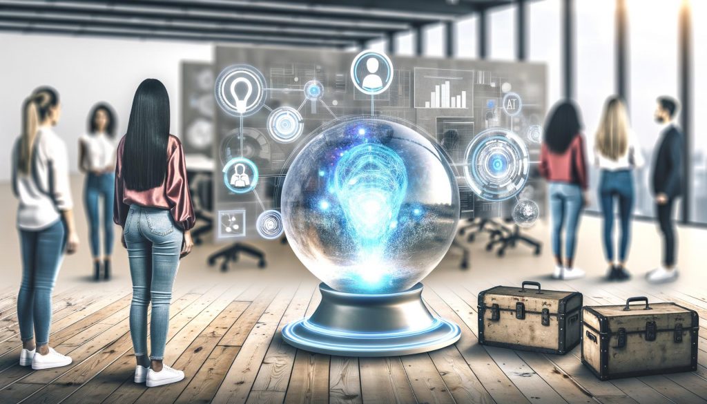Leuchtende Glaskugel in einem futuristischen Großraumbüro, umgeben von schwebenden KI-Symbolen und Dashboards, während Marketer digitale Visualisierungen betrachten und alte Werkzeuge im Hintergrund verblassen.