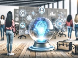 Leuchtende Glaskugel in einem futuristischen Großraumbüro, umgeben von schwebenden KI-Symbolen und Dashboards, während Marketer digitale Visualisierungen betrachten und alte Werkzeuge im Hintergrund verblassen.