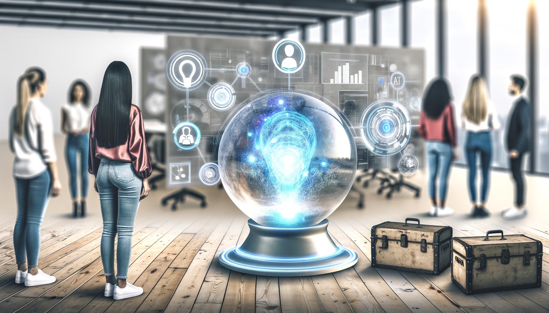 Leuchtende Glaskugel in einem futuristischen Großraumbüro, umgeben von schwebenden KI-Symbolen und Dashboards, während Marketer digitale Visualisierungen betrachten und alte Werkzeuge im Hintergrund verblassen.