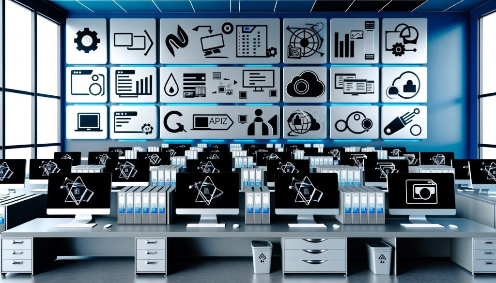 Moderner Arbeitsplatz mit großen Monitoren und Digital Asset Management Software, die Funktionen wie Metadaten, Rechteverwaltung und Workflow-Automatisierung zeigt, umgeben von digitalen Assets und Symbolen für API, KI-Suche und Sicherheit.