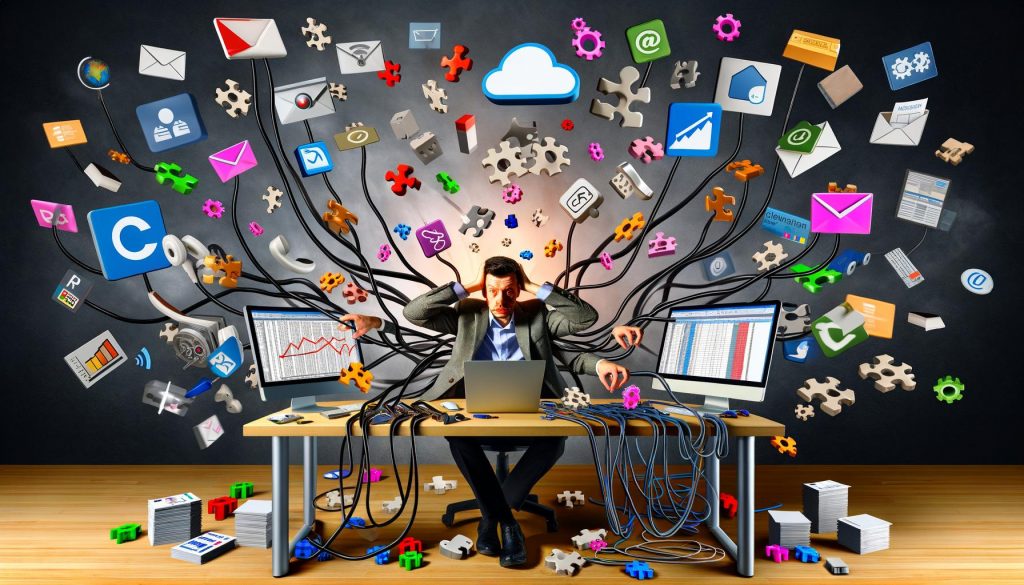 Gestresster Marketingprofi jongliert digitale Tools und APIs an überladenem Schreibtisch, mit Fehlermeldungen und ungeordneten Datenströmen.