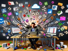 Gestresster Marketingprofi jongliert digitale Tools und APIs an überladenem Schreibtisch, mit Fehlermeldungen und ungeordneten Datenströmen.