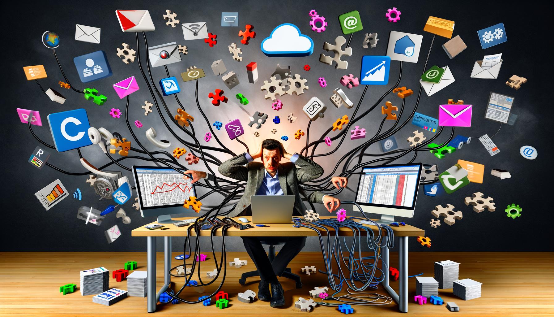 Gestresster Marketingprofi jongliert digitale Tools und APIs an überladenem Schreibtisch, mit Fehlermeldungen und ungeordneten Datenströmen.