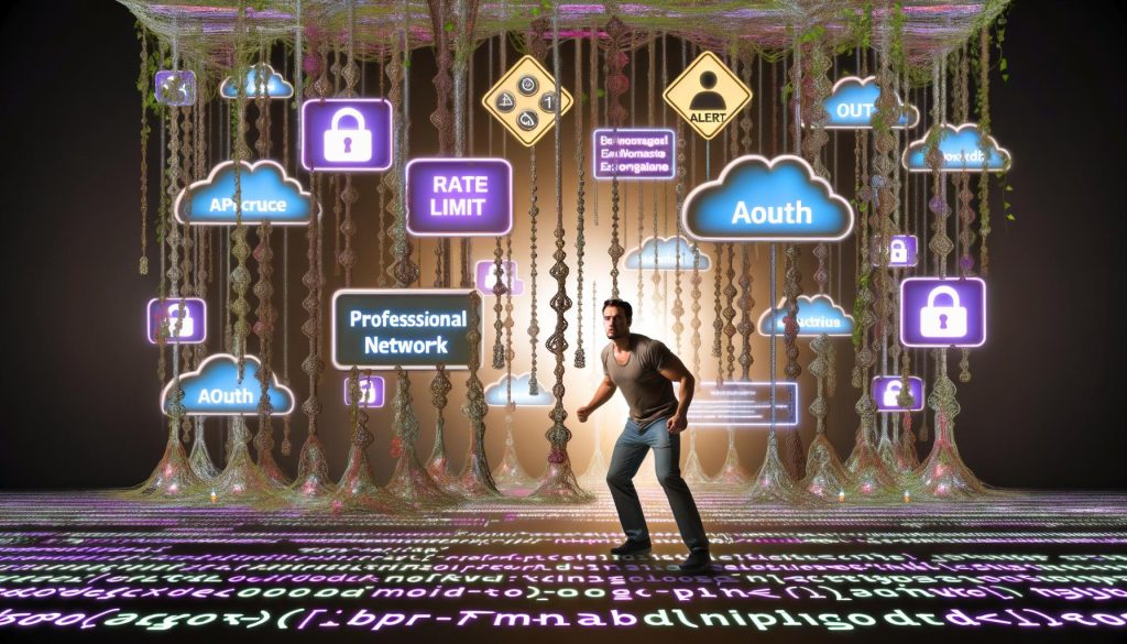 Stilisierte digitale Dschungelszene mit einem Marketer, der sich durch verschlungene LinkedIn API-Strukturen und Widgets voranarbeitet. Warnhinweise, Sicherheits- und Compliance-Symbole hängen an leuchtenden Code-Verschlingungen, darüber ein teilweise verhülltes LinkedIn-Neonschild mit Sturmwolken.