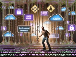 Stilisierte digitale Dschungelszene mit einem Marketer, der sich durch verschlungene LinkedIn API-Strukturen und Widgets voranarbeitet. Warnhinweise, Sicherheits- und Compliance-Symbole hängen an leuchtenden Code-Verschlingungen, darüber ein teilweise verhülltes LinkedIn-Neonschild mit Sturmwolken.