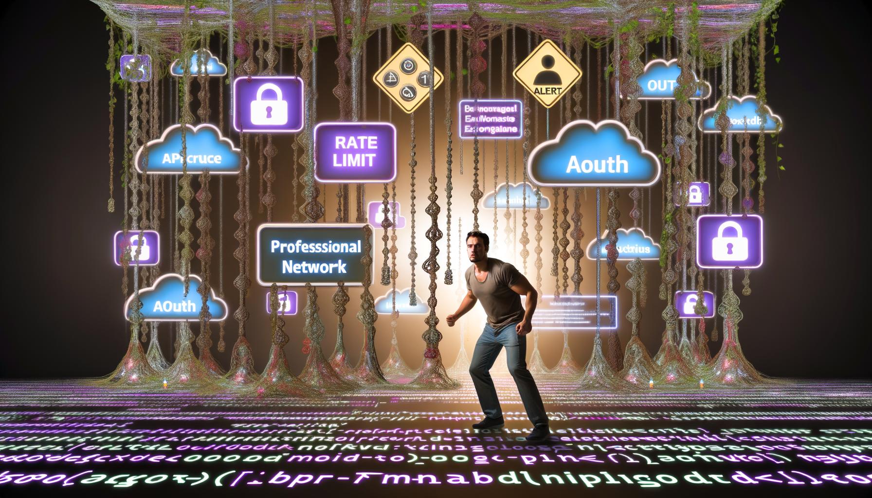 Stilisierte digitale Dschungelszene mit einem Marketer, der sich durch verschlungene LinkedIn API-Strukturen und Widgets voranarbeitet. Warnhinweise, Sicherheits- und Compliance-Symbole hängen an leuchtenden Code-Verschlingungen, darüber ein teilweise verhülltes LinkedIn-Neonschild mit Sturmwolken.