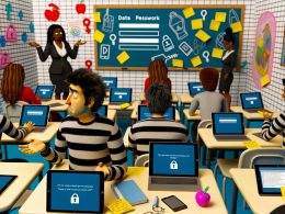 Modernes Klassenzimmer 2025 mit Technik-Chaos: Überall liegen Tablets, Laptops und Smartphones mit Fehlermeldungen, Lehrkräfte und Schüler kämpfen sichtbar mit digitalen Problemen und an den Wänden hängen Poster zu Datenschutz und IT-Sicherheit.