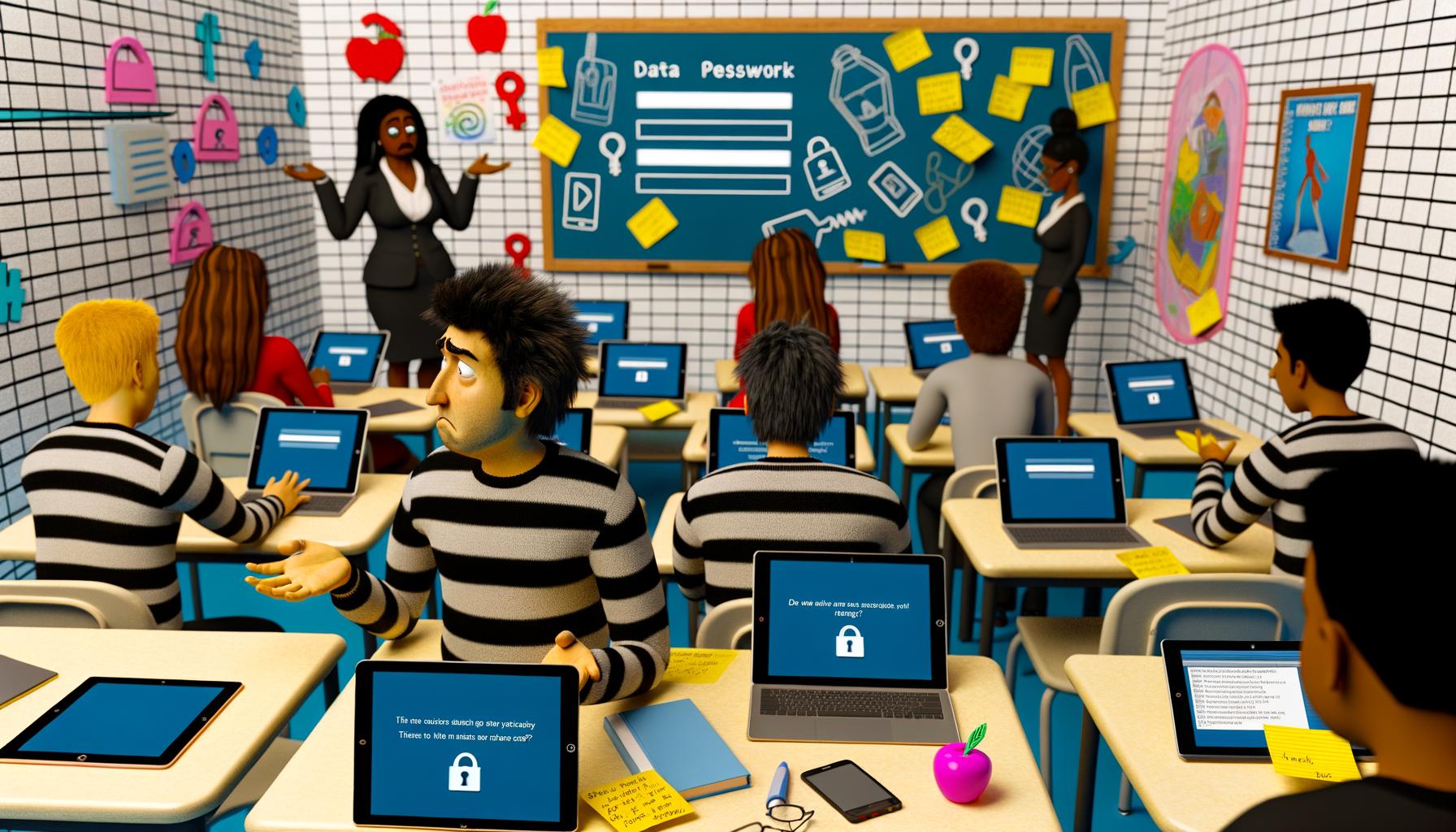 Modernes Klassenzimmer 2025 mit Technik-Chaos: Überall liegen Tablets, Laptops und Smartphones mit Fehlermeldungen, Lehrkräfte und Schüler kämpfen sichtbar mit digitalen Problemen und an den Wänden hängen Poster zu Datenschutz und IT-Sicherheit.