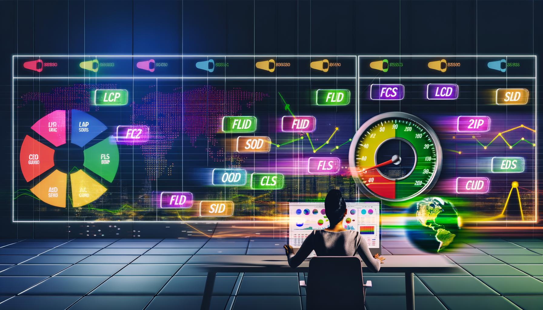 Marketing-Fachkraft analysiert digitale Daten und Web-Performance-Diagramme mit Core Web Vitals Indikatoren an großen Bildschirmen im modernen Büro.