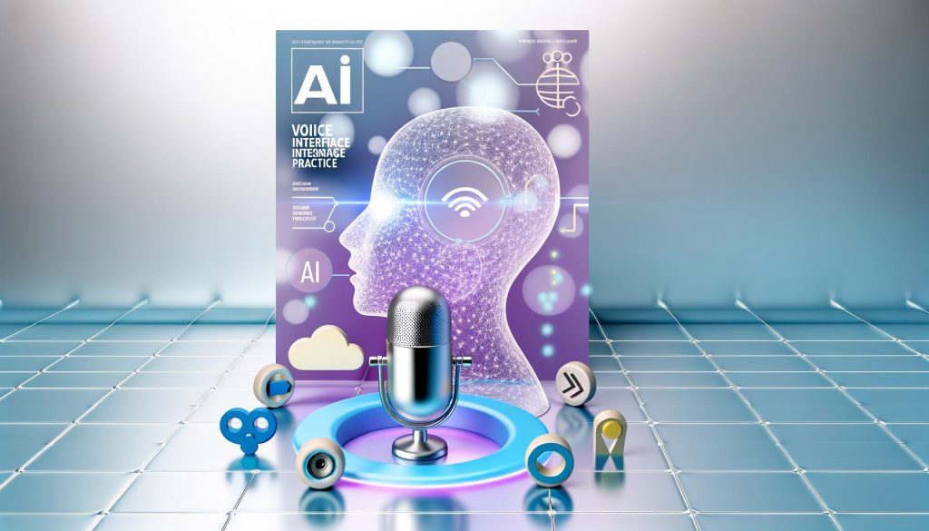 Stilisierte Titelgrafik eines Tech-Magazins mit transparentem 3D-Kopf, abstrahierten Soundwellen, Mikrofon-, Cloud- und KI-Icons sowie Voice-Plattform-Symbolen auf digitalem hellblauen und violetten Hintergrund.
