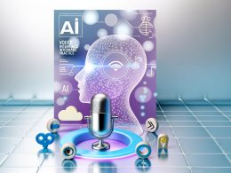 Stilisierte Titelgrafik eines Tech-Magazins mit transparentem 3D-Kopf, abstrahierten Soundwellen, Mikrofon-, Cloud- und KI-Icons sowie Voice-Plattform-Symbolen auf digitalem hellblauen und violetten Hintergrund.