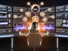 Stilisierte Illustration eines top-down Arbeitsplatzes mit Google Tag Manager Interface, organisierten Tags, Triggern und Variablen sowie mehreren Teammitgliedern bei strukturierter Zusammenarbeit.