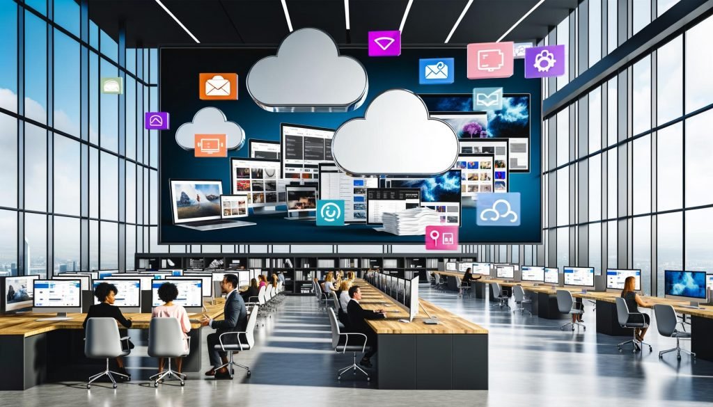 Modernes Großraumbüro mit Team vor riesigen Displays, auf denen eine cloudbasierte Digital Asset Management Plattform mit farbigen Metadaten-Tags, Bildern, Videos, PDFs und 3D-Modellen geöffnet ist. Im Hintergrund wandern Papierstapel in einen digitalen Papierkorb.