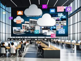 Modernes Großraumbüro mit Team vor riesigen Displays, auf denen eine cloudbasierte Digital Asset Management Plattform mit farbigen Metadaten-Tags, Bildern, Videos, PDFs und 3D-Modellen geöffnet ist. Im Hintergrund wandern Papierstapel in einen digitalen Papierkorb.