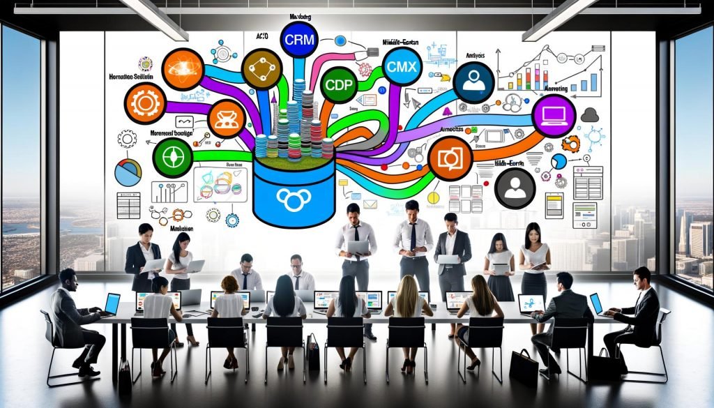 Junges, diverses Marketing- und IT-Team brainstormt vor einem großen Bildschirm mit visualisiertem, vernetztem Martech-Stack und Whiteboards mit Diagrammen im modernen Büro.