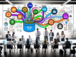 Junges, diverses Marketing- und IT-Team brainstormt vor einem großen Bildschirm mit visualisiertem, vernetztem Martech-Stack und Whiteboards mit Diagrammen im modernen Büro.