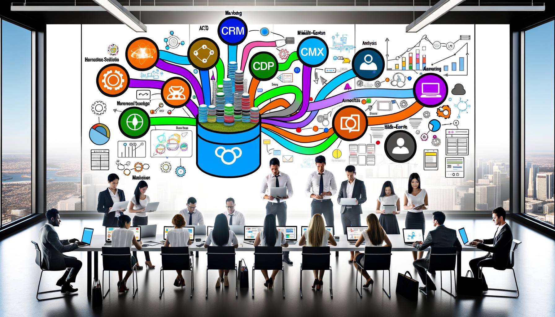 Junges, diverses Marketing- und IT-Team brainstormt vor einem großen Bildschirm mit visualisiertem, vernetztem Martech-Stack und Whiteboards mit Diagrammen im modernen Büro.