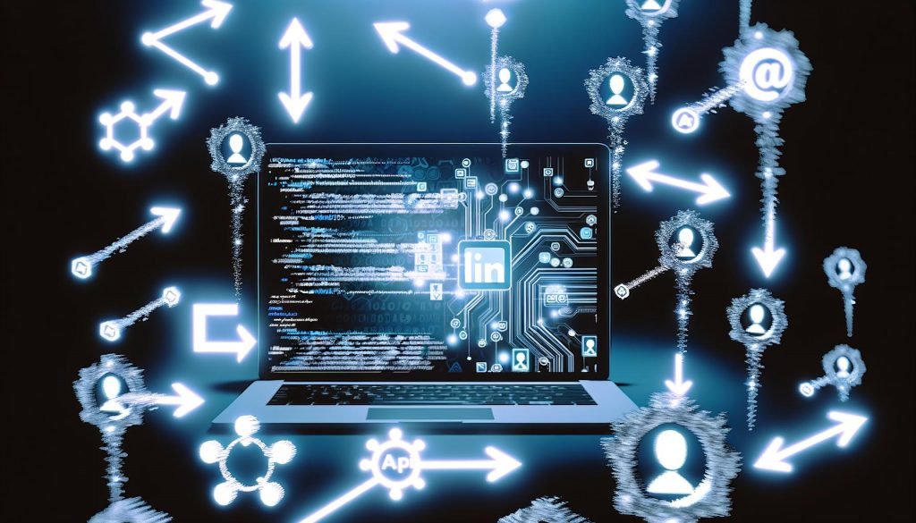 Laptop mit LinkedIn-Netzwerkverbindungen, API-Symbolen, Code und Nutzer-Avataren in kühlen Blautönen auf energiegeladenem Magazin-Titelbild.