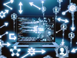 Laptop mit LinkedIn-Netzwerkverbindungen, API-Symbolen, Code und Nutzer-Avataren in kühlen Blautönen auf energiegeladenem Magazin-Titelbild.