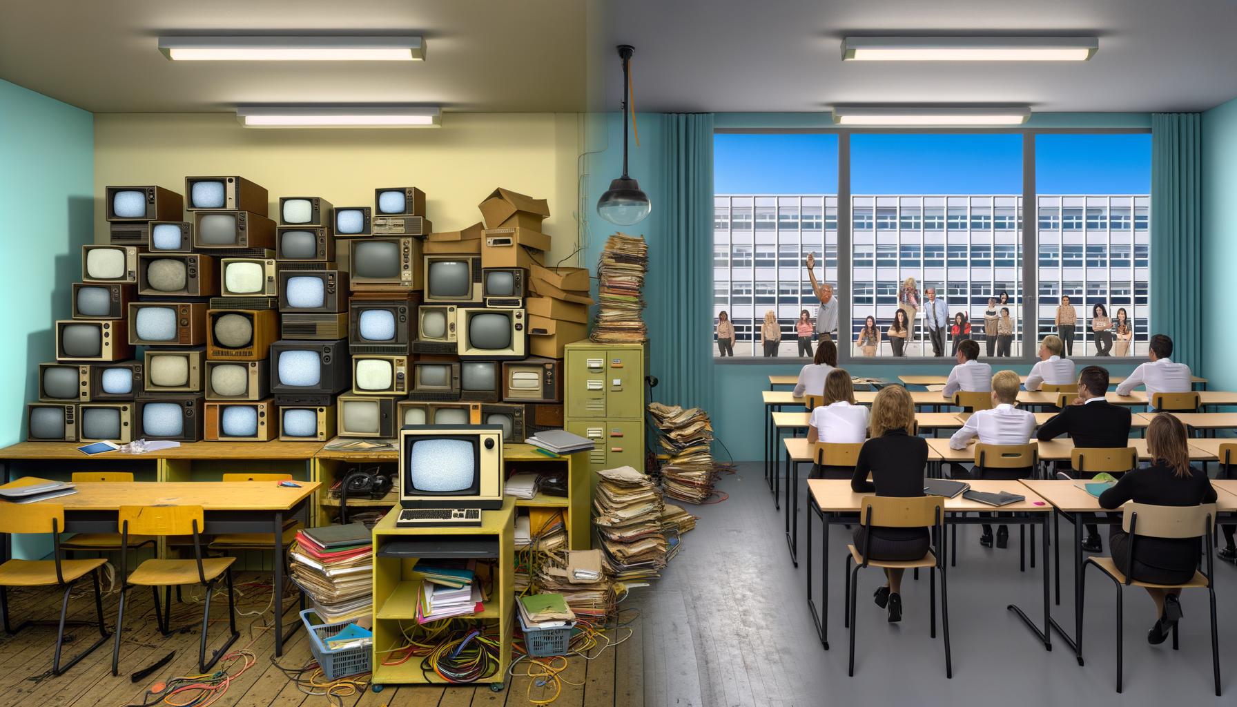 Ein deutsches Klassenzimmer mit veralteter Technik, defekten Geräten, gestapelten Papierakten und ratlosen Lehrer:innen neben desinteressierten Schüler:innen. Im Hintergrund ein modernes, skandinavisches Schulgebäude als Kontrast.
