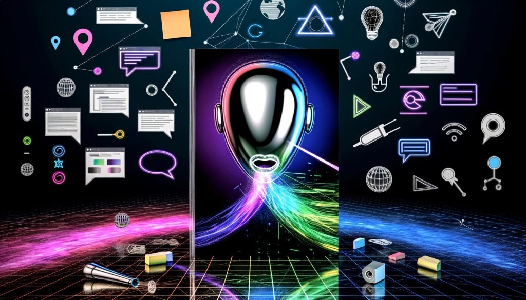 Modernes Editorial-Titelbild mit digitalem Sprachassistenten, abstrahiertem Gesicht und bunten Sprachwellen, umgeben von UI-Skizzen, Voiceflow-Logo, Codezeilen, Post-Its und neonfarbenen Linien vor dunklem Hintergrund.