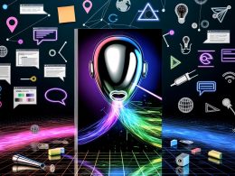 Modernes Editorial-Titelbild mit digitalem Sprachassistenten, abstrahiertem Gesicht und bunten Sprachwellen, umgeben von UI-Skizzen, Voiceflow-Logo, Codezeilen, Post-Its und neonfarbenen Linien vor dunklem Hintergrund.