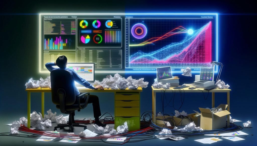 Vergleich eines chaotischen Arbeitsplatzes mit Excel-Ausdrucken und Kabelsalat neben einem aufgeräumten Schreibtisch mit leuchtendem Dashboard und begeistertem Analysten.