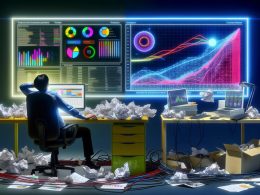 Vergleich eines chaotischen Arbeitsplatzes mit Excel-Ausdrucken und Kabelsalat neben einem aufgeräumten Schreibtisch mit leuchtendem Dashboard und begeistertem Analysten.