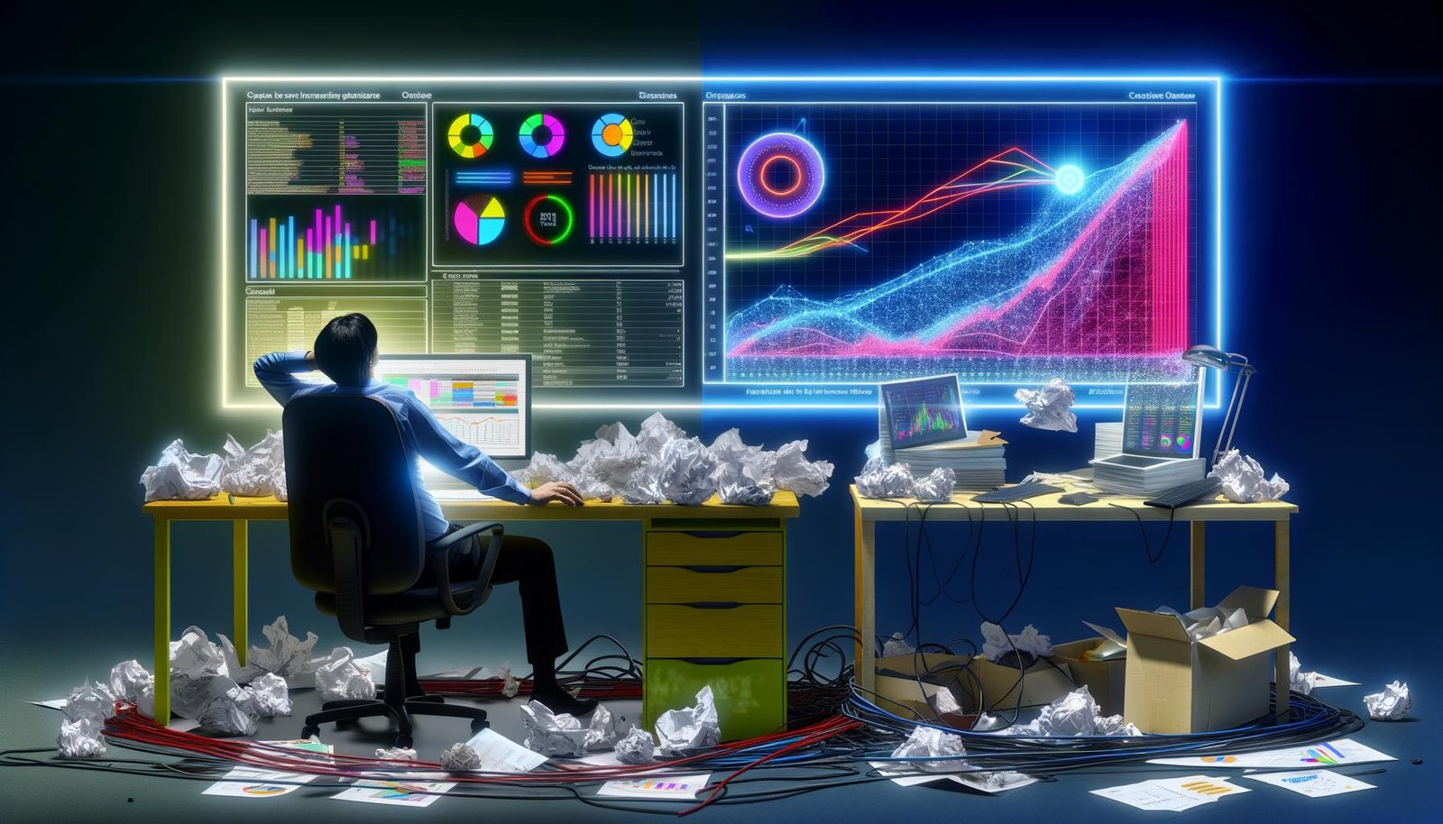 Vergleich eines chaotischen Arbeitsplatzes mit Excel-Ausdrucken und Kabelsalat neben einem aufgeräumten Schreibtisch mit leuchtendem Dashboard und begeistertem Analysten.