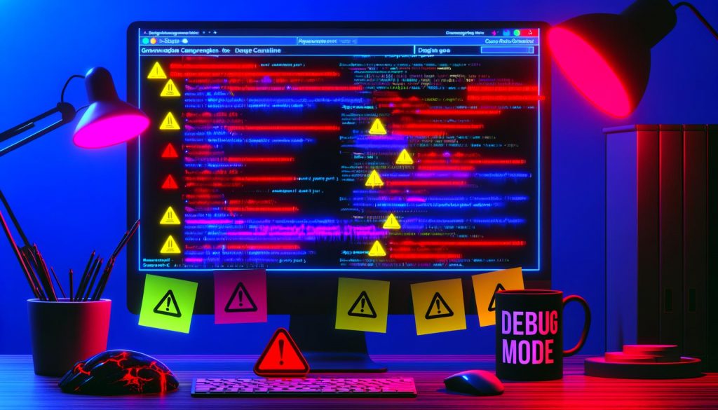 Nahaufnahme eines Computerbildschirms mit Google Tag Manager Dashboard, überlagert von Fehler- und Warnmeldungen, im dunklen Raum mit Debugging-Atmosphäre