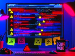 Nahaufnahme eines Computerbildschirms mit Google Tag Manager Dashboard, überlagert von Fehler- und Warnmeldungen, im dunklen Raum mit Debugging-Atmosphäre