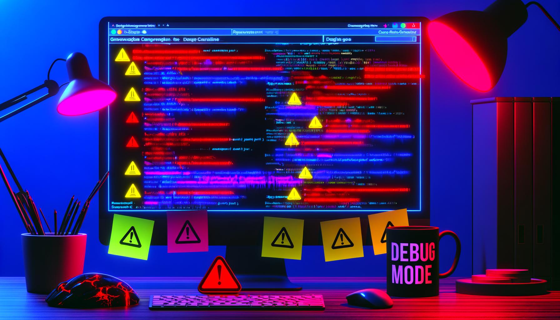 Nahaufnahme eines Computerbildschirms mit Google Tag Manager Dashboard, überlagert von Fehler- und Warnmeldungen, im dunklen Raum mit Debugging-Atmosphäre