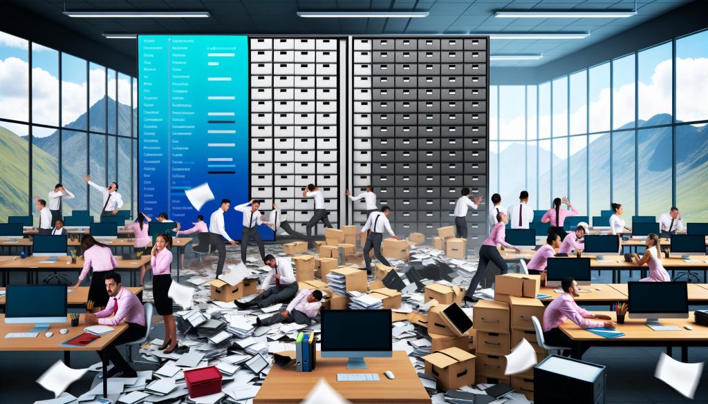 Überfülltes Büro mit verzweifelten Mitarbeitern und im Hintergrund ein klar strukturiertes Digital Asset Management auf einem großen Bildschirm