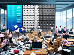 Überfülltes Büro mit verzweifelten Mitarbeitern und im Hintergrund ein klar strukturiertes Digital Asset Management auf einem großen Bildschirm