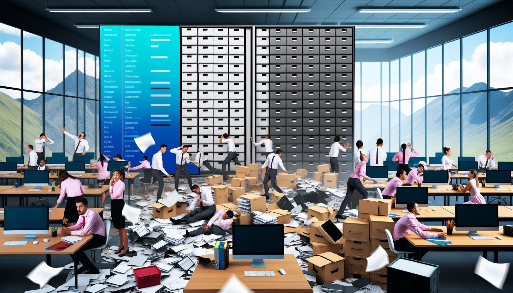 Überfülltes Büro mit verzweifelten Mitarbeitern und im Hintergrund ein klar strukturiertes Digital Asset Management auf einem großen Bildschirm