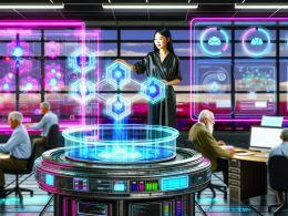 Junger Marketer steuert transparente Hightech-Konsole im futuristischen Kontrollraum mit leuchtenden Datenströmen und automatisierten Marketingtools, während im Hintergrund alte Mitarbeiter Papierstapel sortieren.