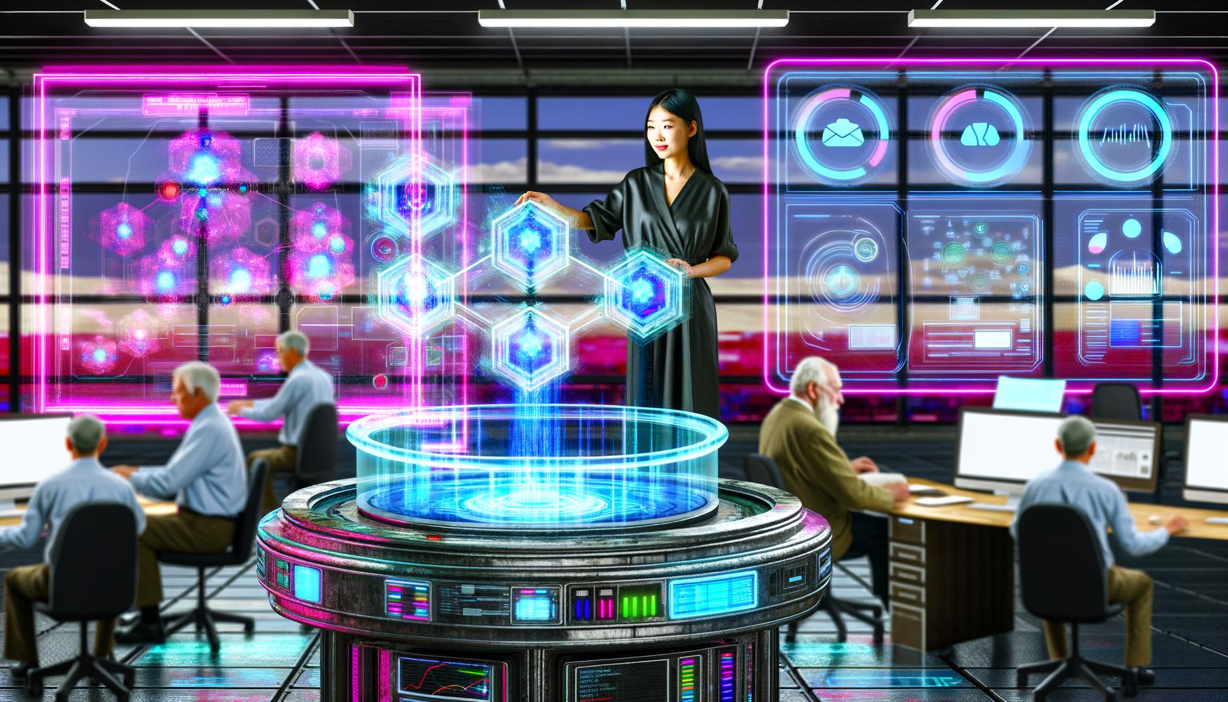 Junger Marketer steuert transparente Hightech-Konsole im futuristischen Kontrollraum mit leuchtenden Datenströmen und automatisierten Marketingtools, während im Hintergrund alte Mitarbeiter Papierstapel sortieren.