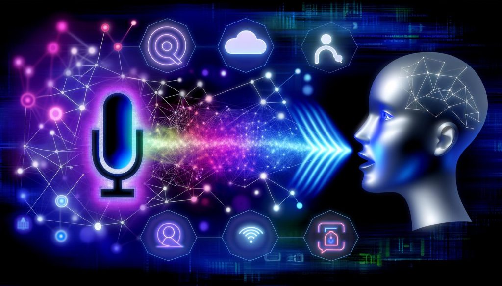 Futuristische Illustration eines digitalen Sprachassistenten mit abstrahiertem Gesicht, leuchtendem Mikrofon, visualisierten Schallwellen, neuronalen Netzwerken und Symbolen für KI, Cloud und verschiedene Kommunikationsarten vor dunklem Hintergrund.
